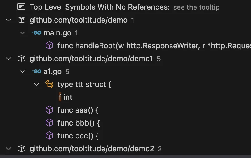 demonstration of workspace wide unused symbols report